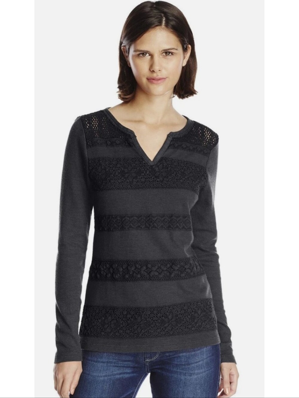 Lucky Brand  Crochet Lace Stripe Split Neck Thermal Top Heather Gray Size S